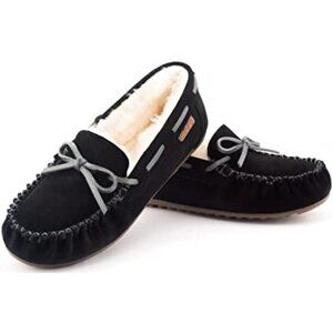 Parfeying Sheepskin Moccasins Shearling Cow Suede Winter Shoes Black Size 9 NWOB